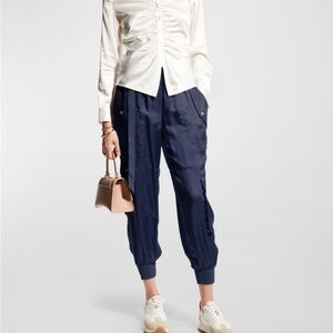 Cinq à Sept "Harmony" Navy Blue Satin Twill Jogger Pants sz Medium